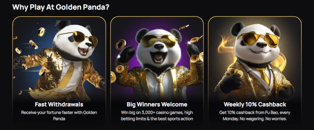Voordelen van Golden Panda casino, waaronder snelle opnames en 10% wekelijkse cashback.